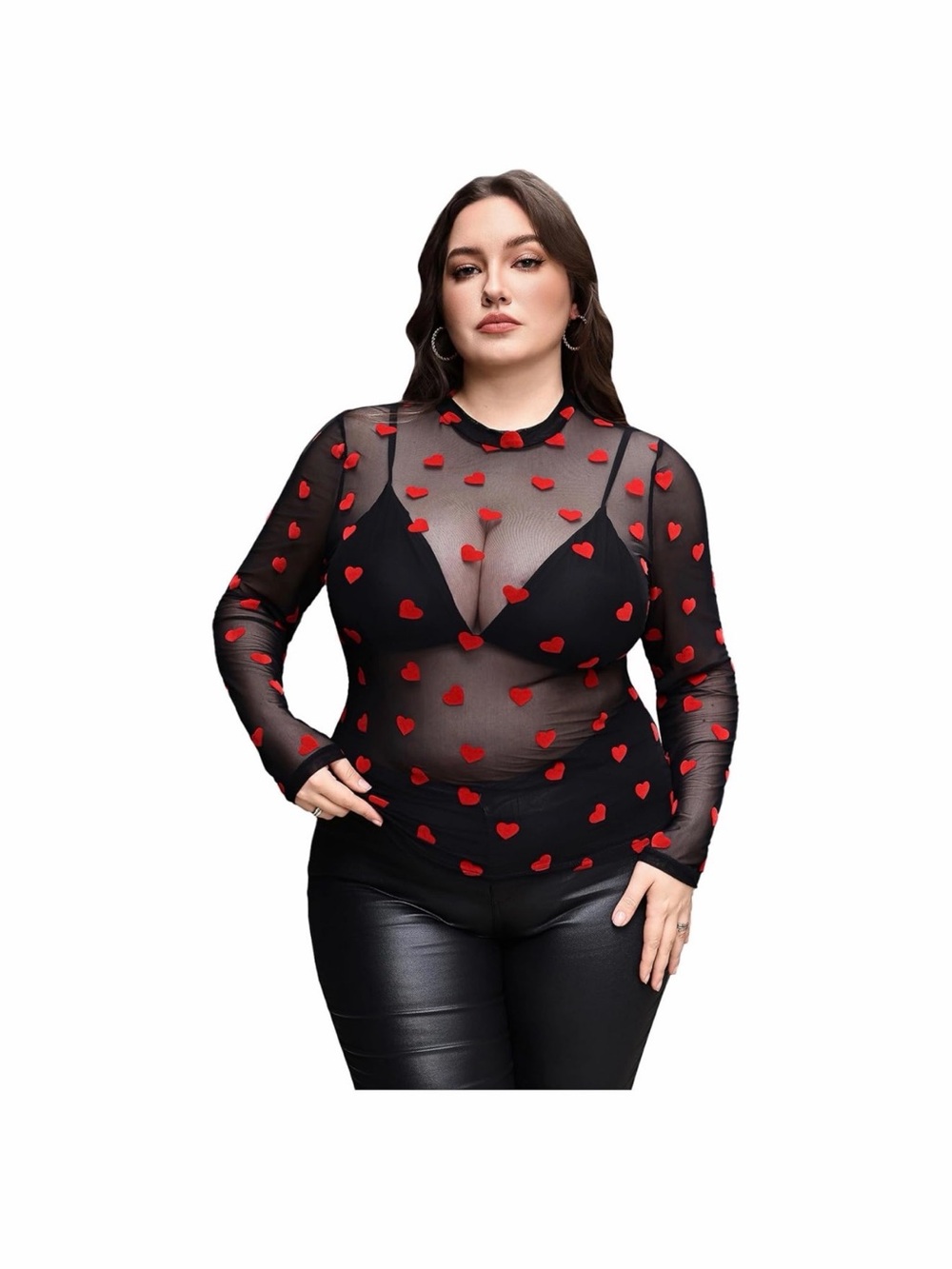 Plus Size Black Sheer Long-Sleeve Top with Red Heart Print